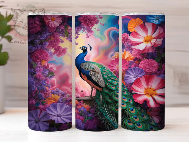 Vibrant 3D Rainbow Peacock Tumbler, 3D Bird Wrap, 20oz Tumbler Sublimation, Vibrant Feather Design, Exotic Plumage Tumbler, Rainbow Peacock Wrap, Majestic Bird Sublimation Sublimation Lara' s Designs 