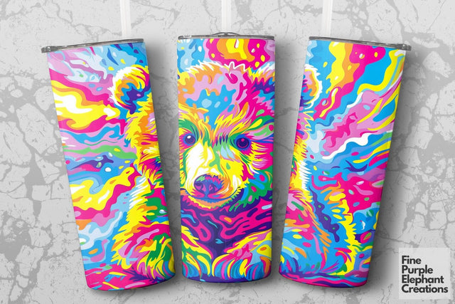 Vibrant 90s Bear Neon Psychedelic Rainbow Sublimation Tumbler Wrap Sublimation Fine Purple Elephant Creations 