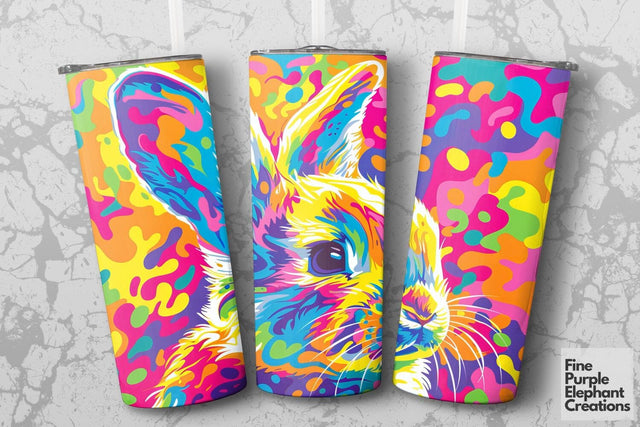 Vibrant 90s Bunny Rabbit Neon Psychedelic Rainbow Sublimation Tumbler Wrap Sublimation Fine Purple Elephant Creations 