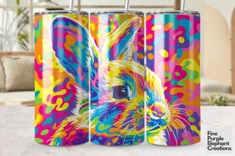 Vibrant 90s Bunny Rabbit Neon Psychedelic Rainbow Sublimation Tumbler Wrap Sublimation Fine Purple Elephant Creations 