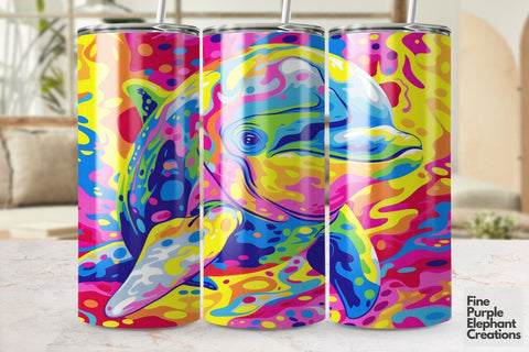 Vibrant 90s Dolphin Neon Psychedelic Rainbow Sublimation Tumbler Wrap Sublimation Fine Purple Elephant Creations 