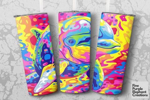 Vibrant 90s Dolphin Neon Psychedelic Rainbow Sublimation Tumbler Wrap Sublimation Fine Purple Elephant Creations 