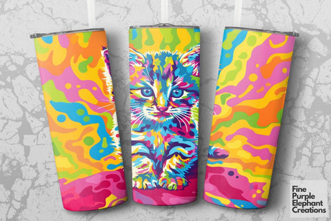 Vibrant 90s Kitten Cat Neon Psychedelic Rainbow Sublimation Tumbler Wrap Sublimation Fine Purple Elephant Creations 