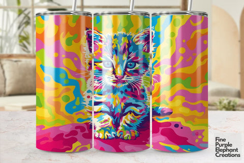 Vibrant 90s Kitten Cat Neon Psychedelic Rainbow Sublimation Tumbler Wrap Sublimation Fine Purple Elephant Creations 