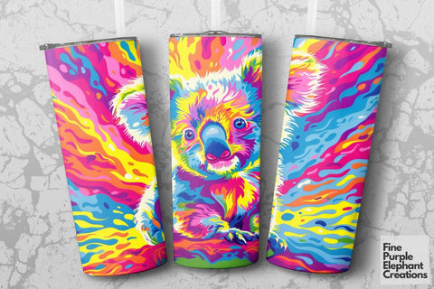 Vibrant 90s Koala Neon Psychedelic Rainbow Sublimation Tumbler Wrap Sublimation Fine Purple Elephant Creations 