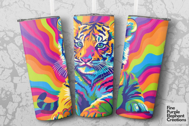 Vibrant 90s Tiger Cub Neon Psychedelic Rainbow Sublimation Tumbler Wrap Sublimation Fine Purple Elephant Creations 
