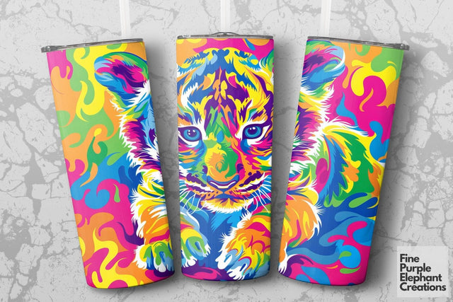 Vibrant 90s Tiger Neon Psychedelic Rainbow Sublimation Tumbler Wrap Sublimation Fine Purple Elephant Creations 
