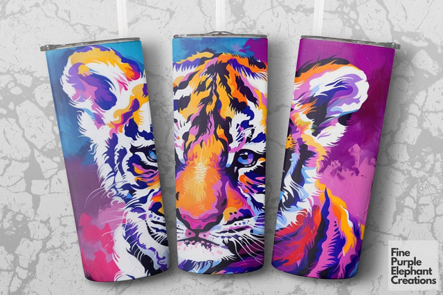 Vibrant 90s Tiger Pink Purple Blue Neon Psychedelic Sublimation Tumbler Wrap Sublimation Fine Purple Elephant Creations 