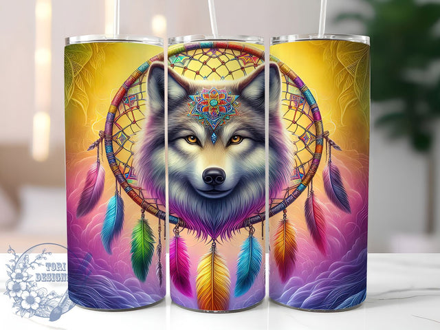 Vibrant Alcohol Ink Wolf Tumbler, 3D Dreamcatcher Wrap, Colorful Wolf Design, 20oz Sublimation Tumbler, Tribal Spirit Animal Tumbler, Psychedelic Wolf Tumbler, Vibrant Boho Tumbler Sublimation ToriDesigns 