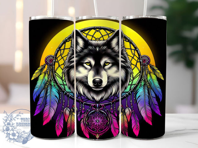Vibrant Alcohol Ink Wolf Tumbler, 3D Dreamcatcher Wrap, Colorful Wolf Design, 20oz Sublimation Tumbler, Tribal Spirit Animal Tumbler, Psychedelic Wolf Tumbler, Vibrant Boho Tumbler Sublimation ToriDesigns 