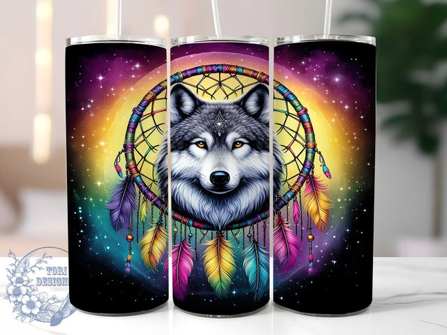 Vibrant Alcohol Ink Wolf Tumbler, 3D Dreamcatcher Wrap, Colorful Wolf Design, 20oz Sublimation Tumbler, Tribal Spirit Animal Tumbler, Psychedelic Wolf Tumbler, Vibrant Boho Tumbler Sublimation ToriDesigns 
