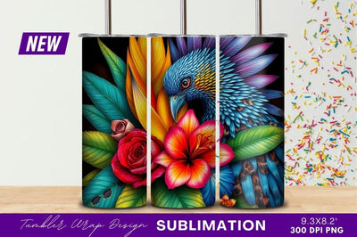 Vibrant bird with tropical floral arrangement tumbler png Sublimation Regulrcrative 