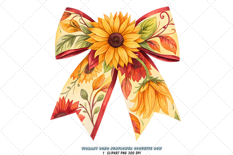 Vibrant Boho Sunflower Coquette Bow Clipart, vibrant boho bow, sunflower coquette bow, colorful bow design, boho sunflower clipart, digital bow design, lively vibrant bow, sunflower bow art, boho colorful design Sublimation FloridPrintables 