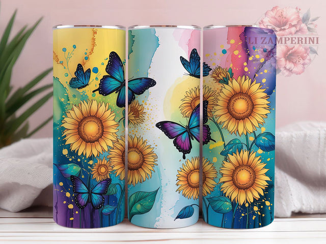Vibrant Butterfly Sunflower Tumbler, Bright Floral Tumbler, Vibrant Butterfly Wrap, Artistic Sunflower Wrap, Colorful Nature Wrap, Sublimation Design, Trendy Gift Idea Sublimation Li Zamperini 