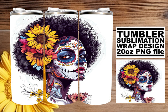 Vibrant Calavera Tumbler Wrap – 20oz Watercolor Art Sublimation afrosvg 