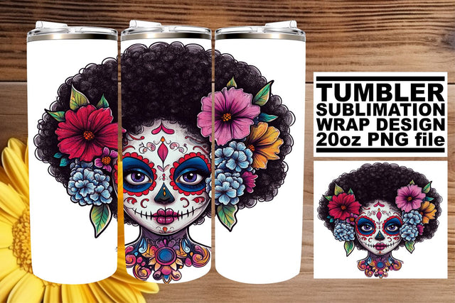 Vibrant Calavera Woman Wrap – 20oz Watercolor Tumbler Sublimation afrosvg 