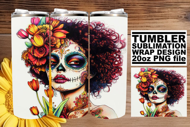 Vibrant Calavera Wrap – 20oz Watercolor Tumbler Art Sublimation afrosvg 