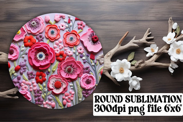 Vibrant Circle Decor with Embroidered Flowers - Sublimation, Keychain, Car Coaster Sublimation afrosvg 