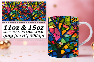Vibrant Colorful Tree Mug Wrap 11oz/15oz Stained Glass Sublimation afrosvg 