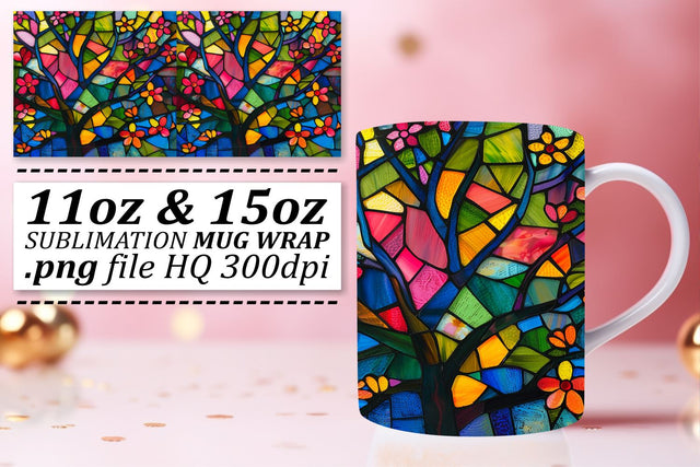 Vibrant Colorful Tree Mug Wrap 11oz/15oz Stained Glass Sublimation afrosvg 