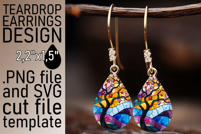 Vibrant Colorful Tree Teardrop Earrings Stained Glass Sublimation afrosvg 