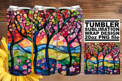 Vibrant Colorful Tree Tumbler Wrap 20oz Stained Glass Sublimation afrosvg 