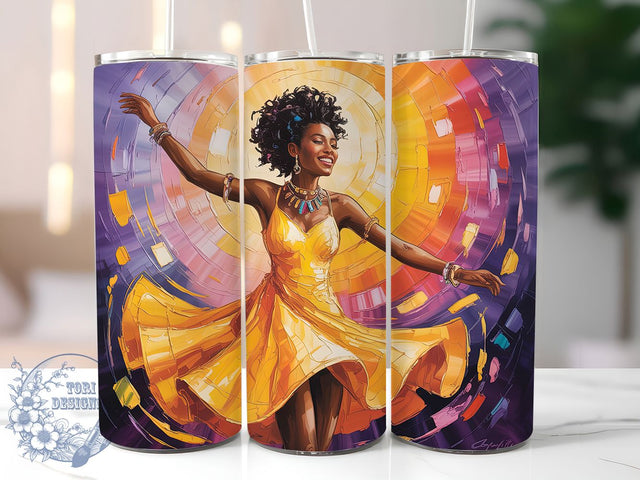 Vibrant Dancing Woman Tumbler, Vibrant Artistic Theme, Seamless Boho Wrap, Colorful Movement Design, Energetic Chic Style, Artistic Feminine Motif, Bold Modern Print, 20Oz Tumbler, Sublimation Sublimation ToriDesigns 