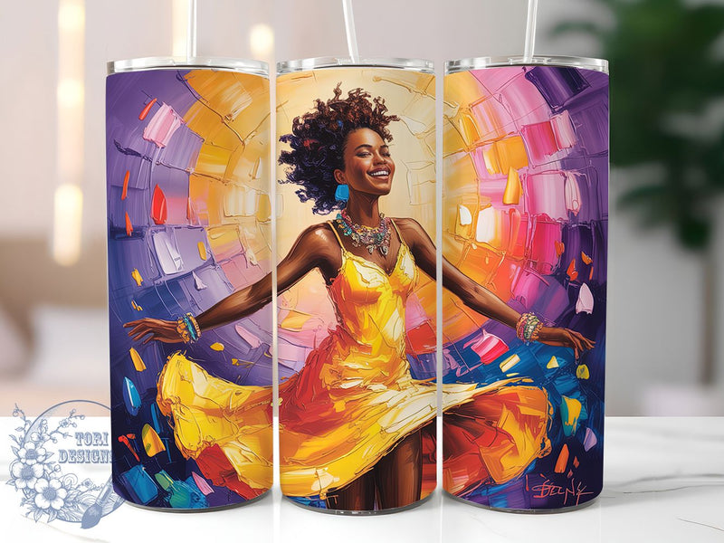 Vibrant Dancing Woman Tumbler, Vibrant Artistic Theme, Seamless Boho Wrap, Colorful Movement Design, Energetic Chic Style, Artistic Feminine Motif, Bold Modern Print, 20Oz Tumbler, Sublimation Sublimation ToriDesigns 