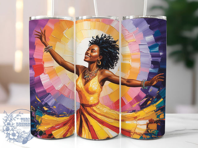 Vibrant Dancing Woman Tumbler, Vibrant Artistic Theme, Seamless Boho Wrap, Colorful Movement Design, Energetic Chic Style, Artistic Feminine Motif, Bold Modern Print, 20Oz Tumbler, Sublimation Sublimation ToriDesigns 