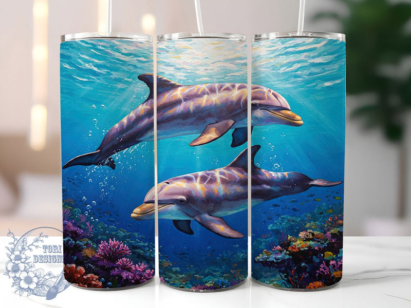 Vibrant Dolphin Colorful Ocean 20oz Tumbler Wrap, Watercolor Dolphin Sublimation, Tropical Sea Life 20oz Wrap, Seamless Marine Design, Rainbow Dolphins Tumbler, Whimsical Ocean Art Sublimation ToriDesigns 