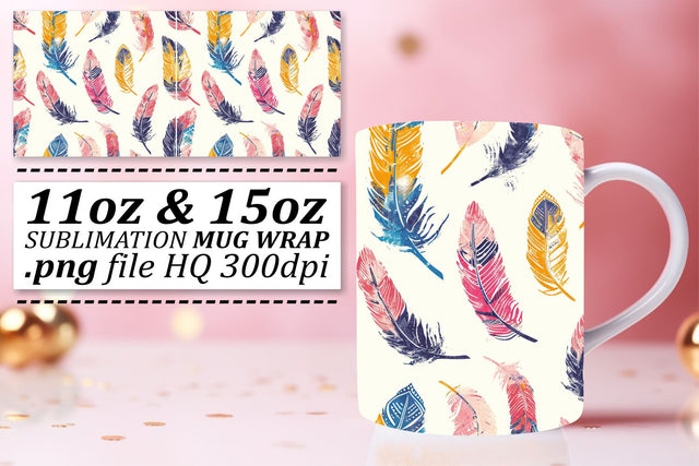 Vibrant Feather Pattern Mug Wrap: Sublimation Delightful Designs 11oz 15oz Sublimation afrosvg 