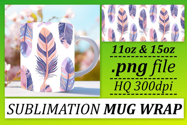 Vibrant Feather Pattern Mug Wrap: Sublimation Whimsical Collection 11oz 15oz Sublimation afrosvg 