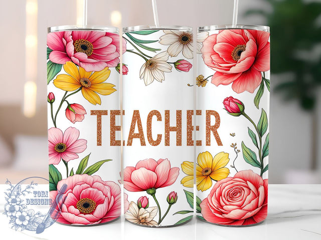 Vibrant Floral 20oz Teacher Appreciation Tumbler, Teacher Gift, Floral Tumbler, 20oz Tumbler, Sublimation Wrap, Vibrant Design, Teacher Appreciation, Custom Tumbler Sublimation ToriDesigns 