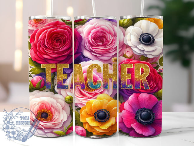 Vibrant Floral 20oz Teacher Appreciation Tumbler, Teacher Gift, Floral Tumbler, 20oz Tumbler, Sublimation Wrap, Vibrant Design, Teacher Appreciation, Custom Tumbler Sublimation ToriDesigns 