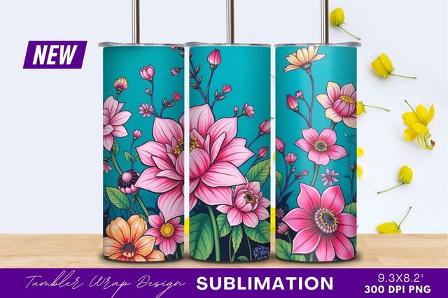 Vibrant floral illustration on teal tumbler png Sublimation Regulrcrative 