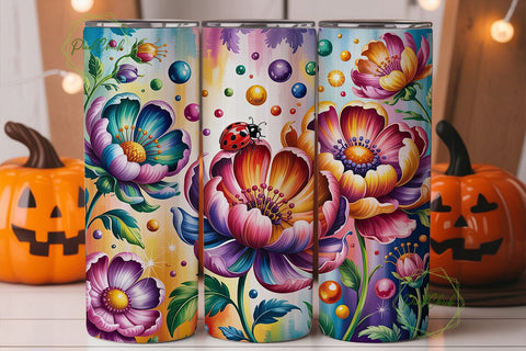 Vibrant Floral Ladybug 20oz Tumbler Wrap Sublimation PixelChick 