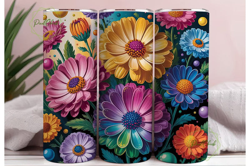 Vibrant Glitter Flowers 20oz Tumbler Sublimation PixelChick 