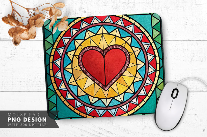 Vibrant Heart in Geometric Stained Glass Mouse Pad PNG Design Sublimation Regulrcrative 
