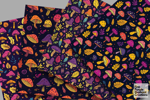 Vibrant Mushrooms Digital Paper | Fall Forest Sublimation Digital Pattern Fine Purple Elephant Creations 