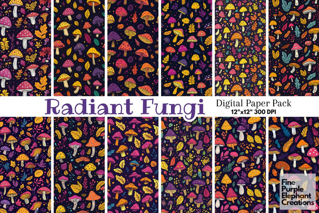 Vibrant Mushrooms Digital Paper | Fall Forest Sublimation Digital Pattern Fine Purple Elephant Creations 
