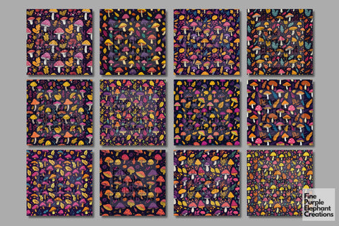 Vibrant Mushrooms Digital Paper | Fall Forest Sublimation Digital Pattern Fine Purple Elephant Creations 