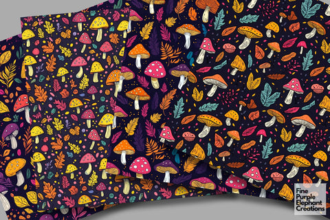 Vibrant Mushrooms Digital Paper | Fall Forest Sublimation Digital Pattern Fine Purple Elephant Creations 