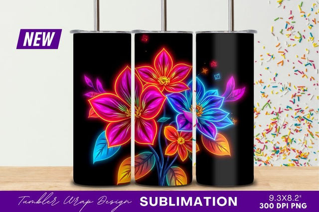 Vibrant Neon Flowers On Black Background Sublimation Regulrcrative 