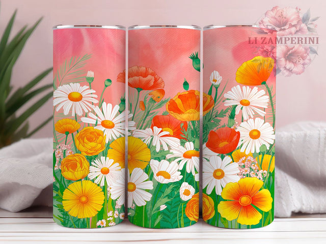 Vibrant Orange Floral Tumbler, Bright Flower Pattern, Citrus Blossom Design, 20Oz Sublimation Wrap, Cheerful Floral Art, Vibrant Orange Texture, Tumbler Sublimation Sublimation Li Zamperini 