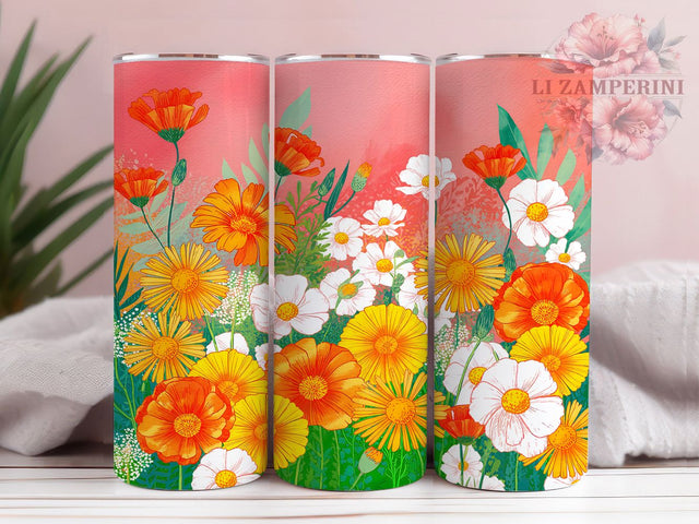 Vibrant Orange Floral Tumbler, Bright Flower Pattern, Citrus Blossom Design, 20Oz Sublimation Wrap, Cheerful Floral Art, Vibrant Orange Texture, Tumbler Sublimation Sublimation Li Zamperini 