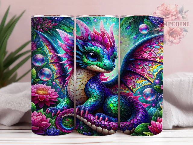 Vibrant Pink Teal Floral Dragon Tumbler, Floral Fantasy Dragon Wrap, 20oz Tumbler Sublimation, Whimsical Dragon Design, Colorful Dragon Art, Mythical Flower Creature, Vibrant Dragon Wrap Sublimation Li Zamperini 