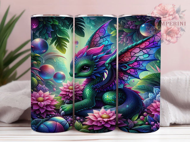 Vibrant Pink Teal Floral Dragon Tumbler, Floral Fantasy Dragon Wrap, 20oz Tumbler Sublimation, Whimsical Dragon Design, Colorful Dragon Art, Mythical Flower Creature, Vibrant Dragon Wrap Sublimation Li Zamperini 