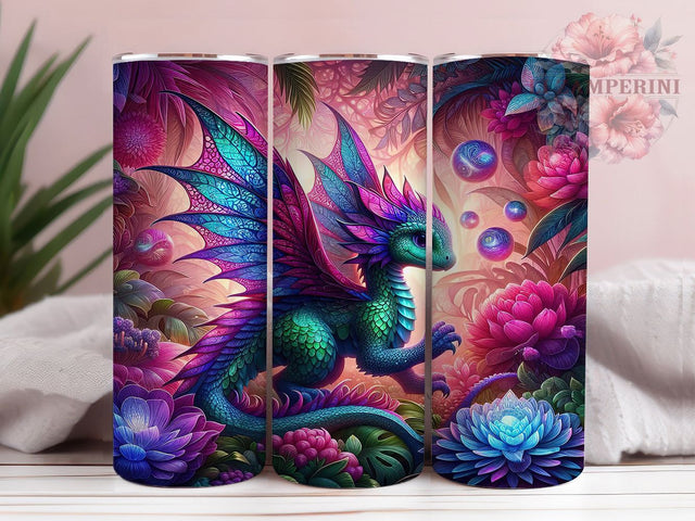 Vibrant Pink Teal Floral Dragon Tumbler, Floral Fantasy Dragon Wrap, 20oz Tumbler Sublimation, Whimsical Dragon Design, Colorful Dragon Art, Mythical Flower Creature, Vibrant Dragon Wrap Sublimation Li Zamperini 