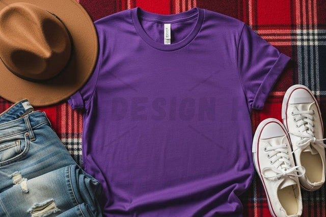 Vibrant purple t-shirt mockup with casual accessories Mock Up Photo Designangry 