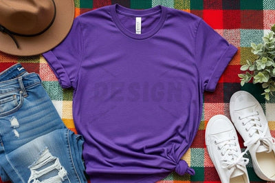 Vibrant purple t-shirt mockup with casual outfit Mock Up Photo Designangry 